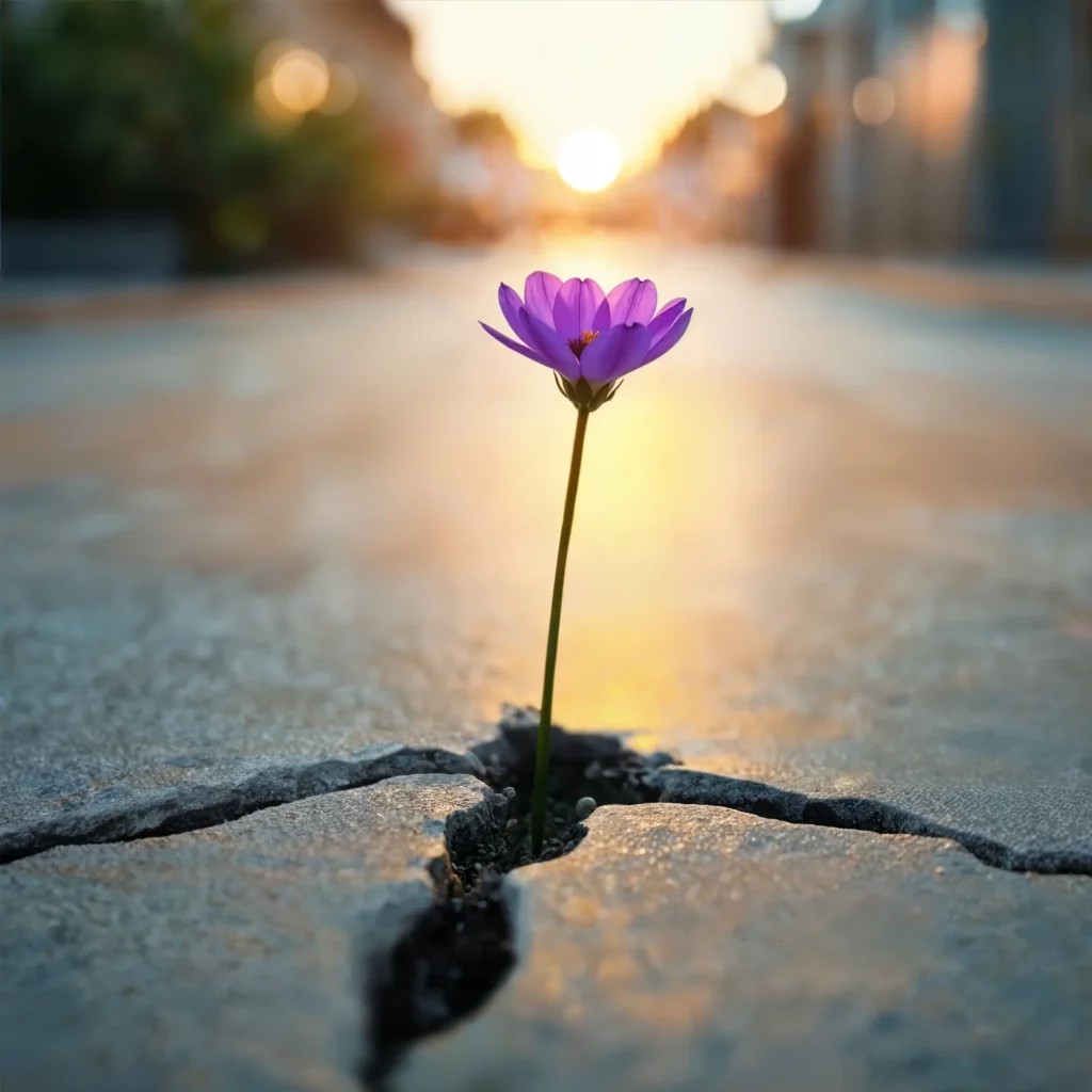 La photo d'une fleur de cosmos violette qui sort d'une fissure dans le bitume d'une route