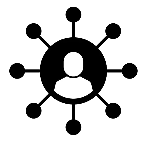 Rond central avec une silhouette de personne entourée de plusieurs ronds, en noir et blanc. Le rond central est lié à tous les ronds périphériques, symbolisant le lien social