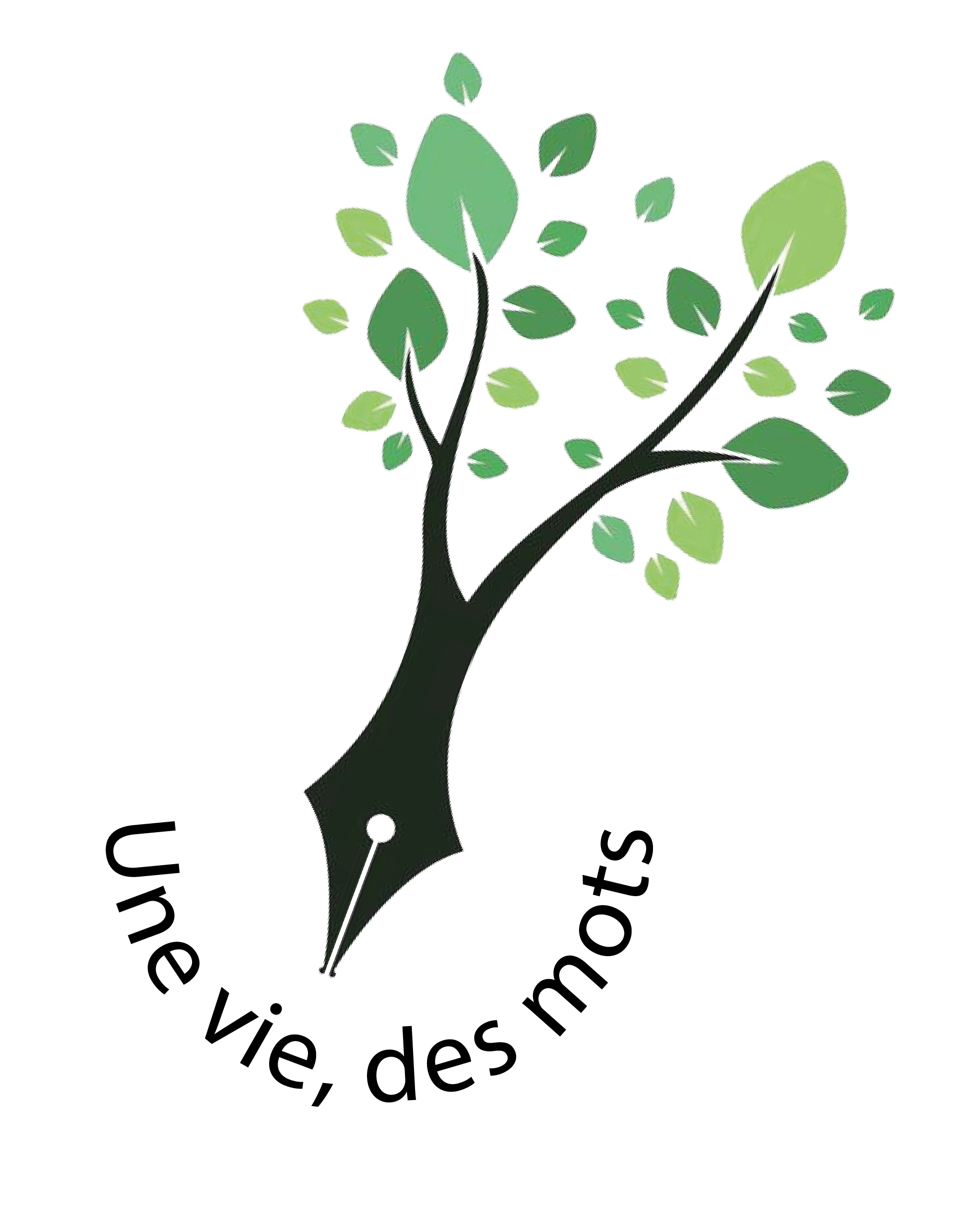 L'illustration d'une plume noire dont les extrémités sont des branches recouvertes de feuilles vertes, avec le texte Une vie des mots écrit en-dessous, symbolisant l'écriture comme un vecteur de transmission de ses racines. C'est le logo d'une Vie des Mots