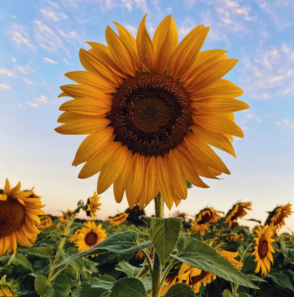 La photo en gros plan d'un tournesol dans un champ, sur fond de ciel bleu légèrement nuageux.
