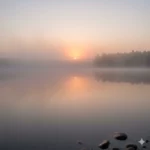 Paysage de lac calme dans la brume au lever du soleil, illustrant l'apaisement par le récit de soi et la biographie - Une vie des mots.