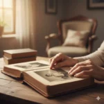 Mains d'une personne âgée feuilletant un album de vieilles photos de famille pour préparer le récit de sa biographie familiale.