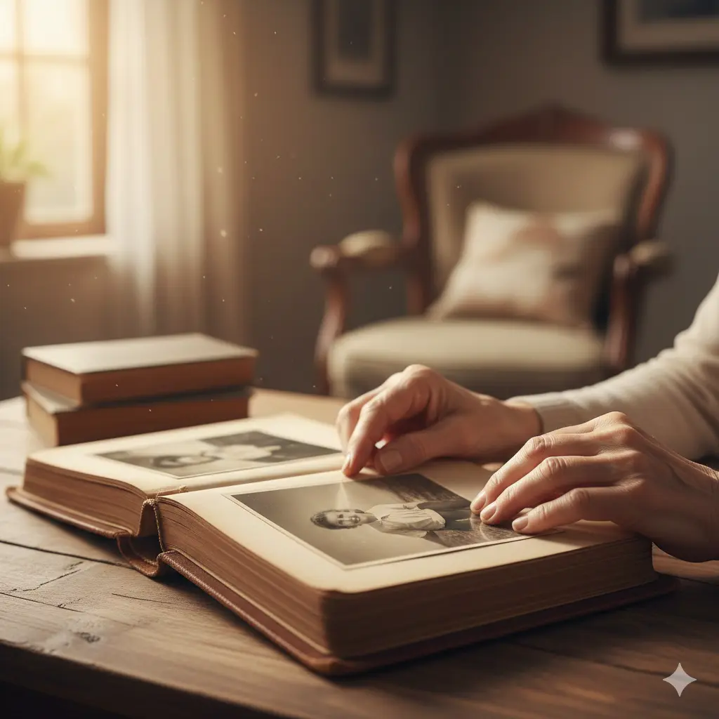 Mains d'une personne âgée feuilletant un album de vieilles photos de famille pour préparer le récit de sa biographie familiale.