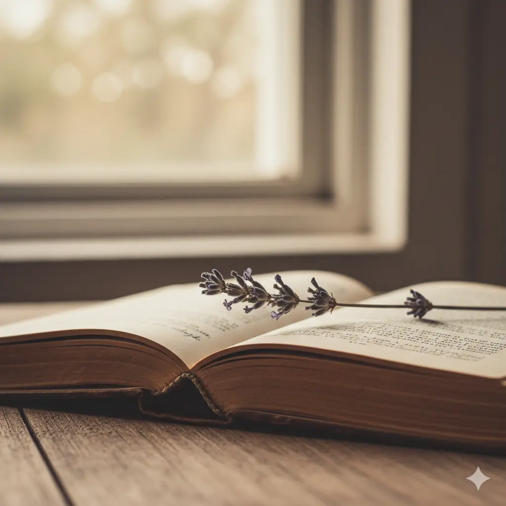 Livre ouvert sur une table en bois avec une branche de lavande séchée posée sur les pages, symbolisant la réparation par l'écriture et le récit de vie - Une vie, des mots.