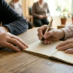 Plan rapproché sur deux paires de mains, l'une ridée d'une personne âgée et l'autre plus jeune tenant un stylo plume, écrivant ensemble dans un carnet ouvert lors d'un atelier mémoire ou d'une séance de récit de vie en EHPAD.