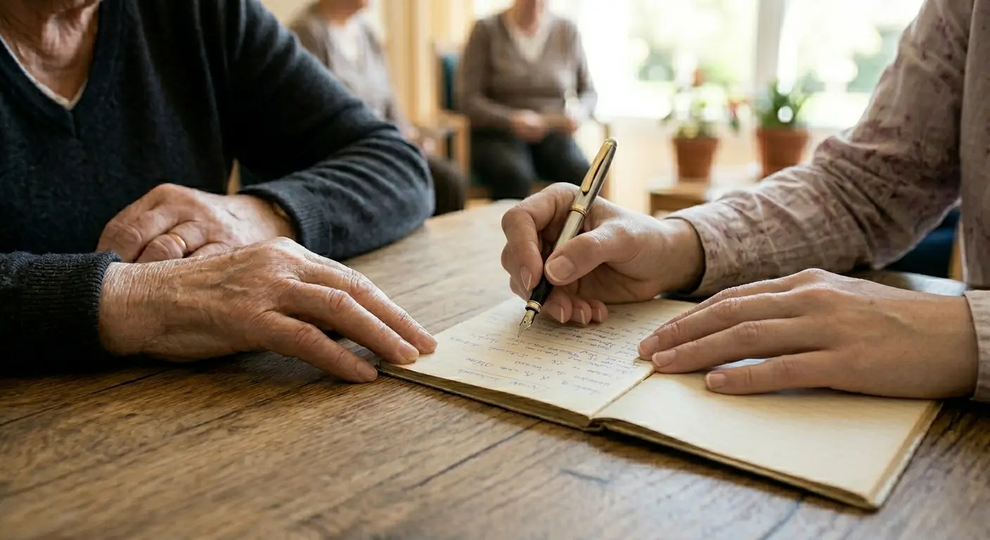 Plan rapproché sur deux paires de mains, l'une ridée d'une personne âgée et l'autre plus jeune tenant un stylo plume, écrivant ensemble dans un carnet ouvert lors d'un atelier mémoire ou d'une séance de récit de vie en EHPAD.