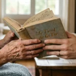 Deux mains – l’une très âgée, l’autre adulte – tenant ensemble un livre intitulé Le Vent de la Vie, symbole du récit de vie partagé entre un biographe et un résident en EHPAD.