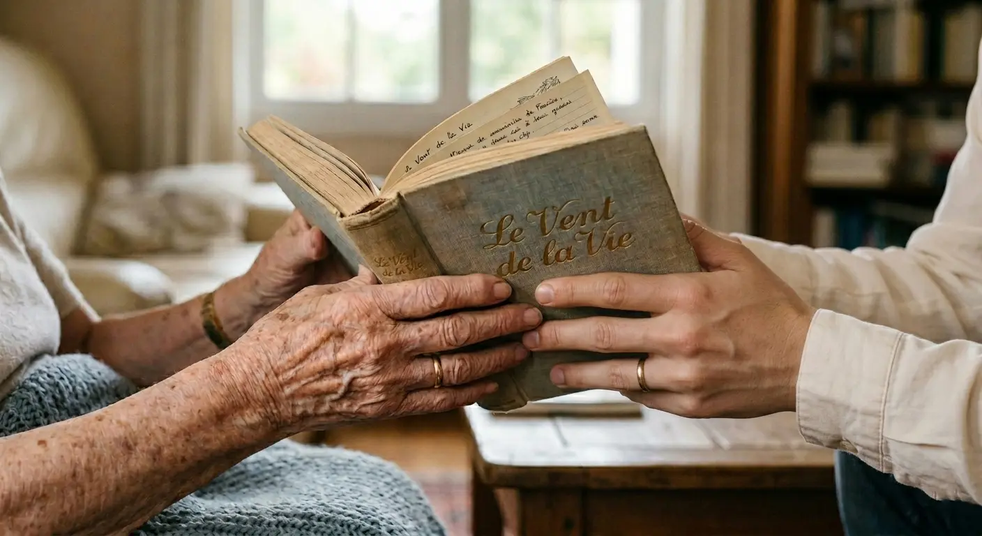Deux mains – l’une très âgée, l’autre adulte – tenant ensemble un livre intitulé Le Vent de la Vie, symbole du récit de vie partagé entre un biographe et un résident en EHPAD.