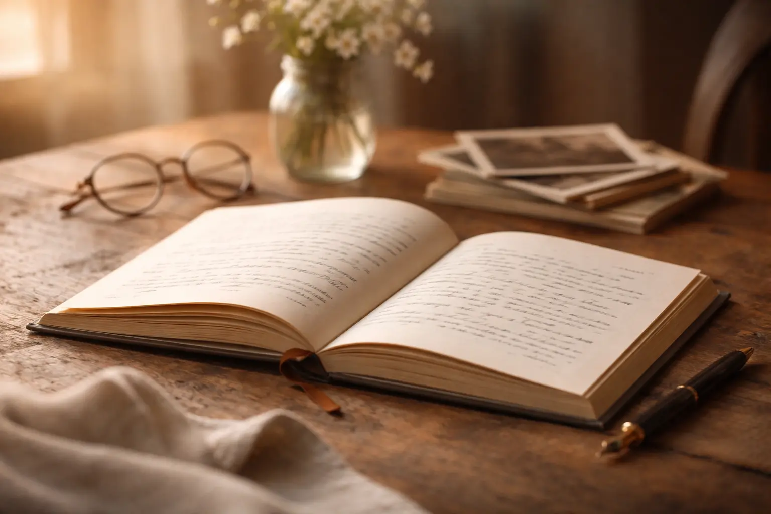 Exemple d'un livre de récit de vie personnalisé posé sur une table, représentant l'aboutissement d'un travail biographique avec Une vie des mots
