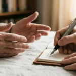 Gros plan sur les mains d'une personne racontant son histoire et celles d'un biographe prenant des notes dans un carnet pour un récit de vie.
