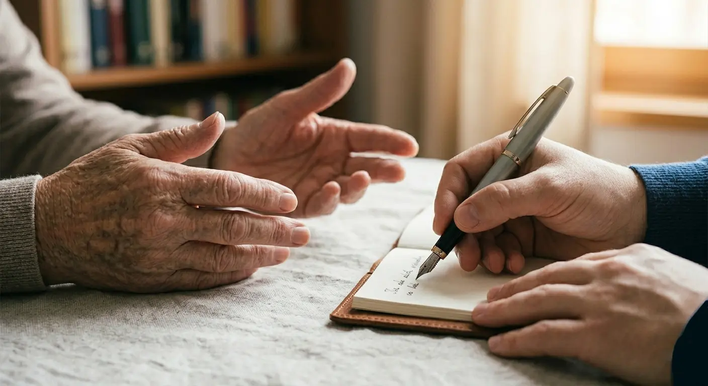 Gros plan sur les mains d'une personne racontant son histoire et celles d'un biographe prenant des notes dans un carnet pour un récit de vie.