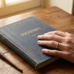 Une main posée sur un livre de souvenirs intitulé Souvenirs pour illustrer la préservation de la mémoire individuelle et le travail de biographe.
