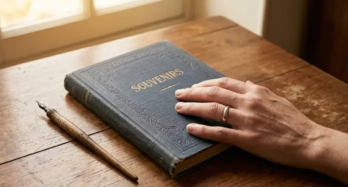 Une main posée sur un livre de souvenirs intitulé Souvenirs pour illustrer la préservation de la mémoire individuelle et le travail de biographe.
