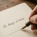 Main écrivant au stylo-plume les mots « Le temps d'écrire... » sur une page blanche pour illustrer pourquoi il faut prendre son temps pour écrire son récit de vie.