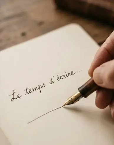 Main écrivant au stylo-plume les mots « Le temps d'écrire... » sur une page blanche pour illustrer pourquoi il faut prendre son temps pour écrire son récit de vie.