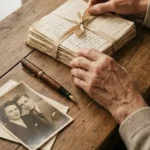 Mains d'une personne âgée dénouant un ruban autour d'une pile de vieilles lettres de famille, à côté d'un stylo-plume et d'une photo en noir et blanc pour un projet de récit de vie.