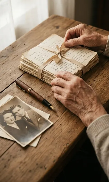 Mains d'une personne âgée dénouant un ruban autour d'une pile de vieilles lettres de famille, à côté d'un stylo-plume et d'une photo en noir et blanc pour un projet de récit de vie.