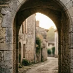 Grande porte voûtée en pierre ancienne, offrant une vue ensoleillée sur une ruelle pavée d'un vieux village, symbolisant le point de départ pour raconter sa vie avec l'aide d'une biographe.