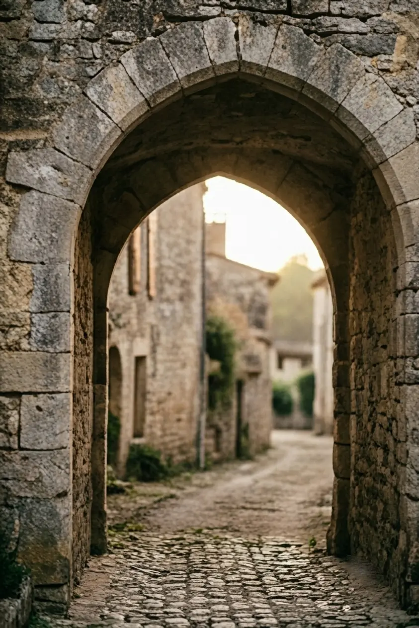 Grande porte voûtée en pierre ancienne, offrant une vue ensoleillée sur une ruelle pavée d'un vieux village, symbolisant le point de départ pour raconter sa vie avec l'aide d'une biographe.