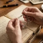 Mains tenant un bijou ancien au-dessus d'un journal intime pour un exercice d'écriture sur les souvenirs.