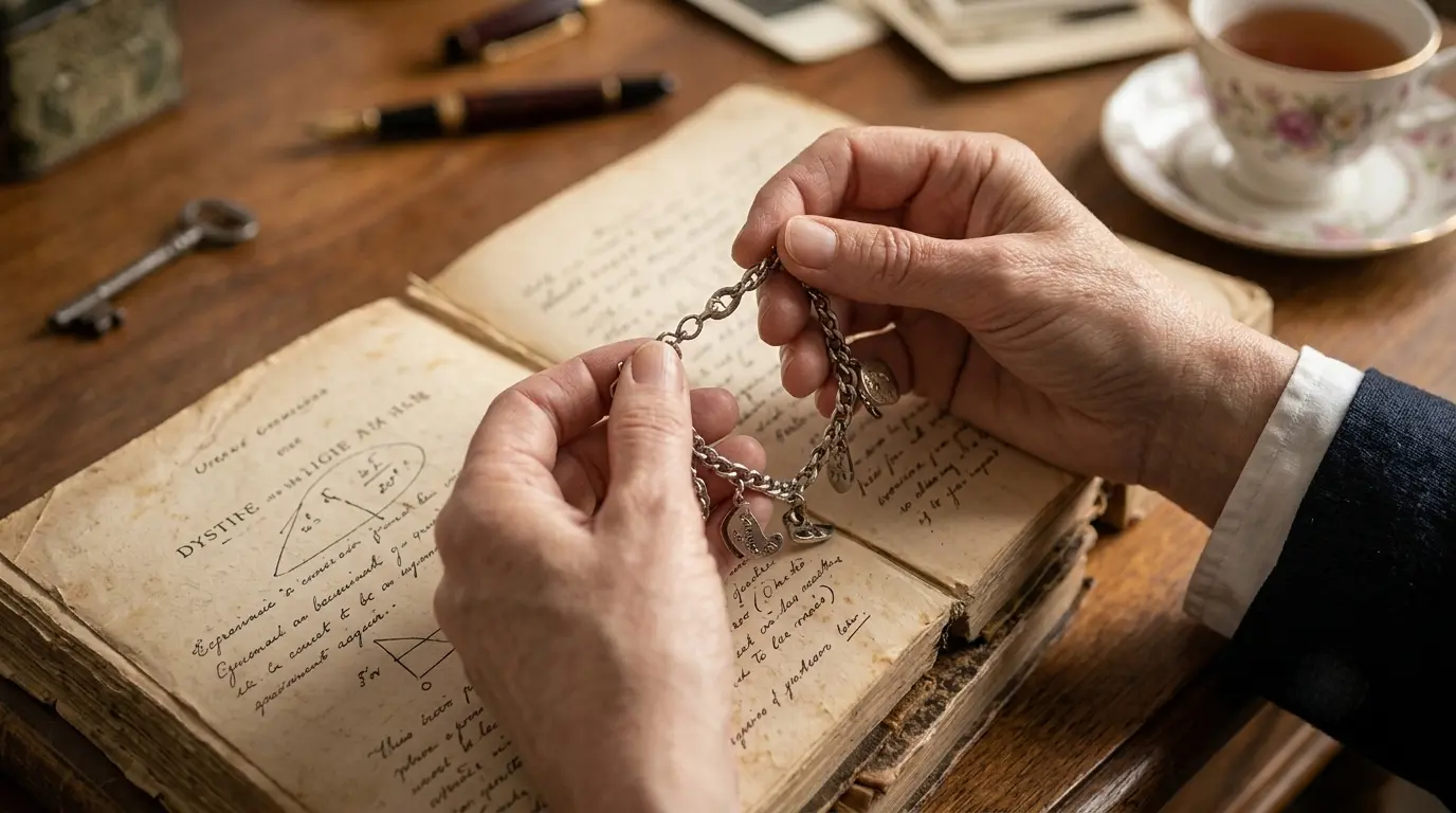 Mains tenant un bijou ancien au-dessus d'un journal intime pour un exercice d'écriture sur les souvenirs.