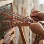 Mains tressant des fils de laine colorés sur un métier à tisser, symbolisant la création d'un récit de vie et le lien entre les événements du parcours.