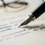 Gros plan sur un stylo plume écrivant sur du papier à côté d'une paire de lunettes, illustrant un exercice d'écriture pour raconter un moment-clé de son récit de vie.