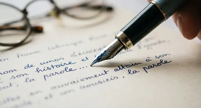 Gros plan sur un stylo plume écrivant sur du papier à côté d'une paire de lunettes, illustrant un exercice d'écriture pour raconter un moment-clé de son récit de vie.