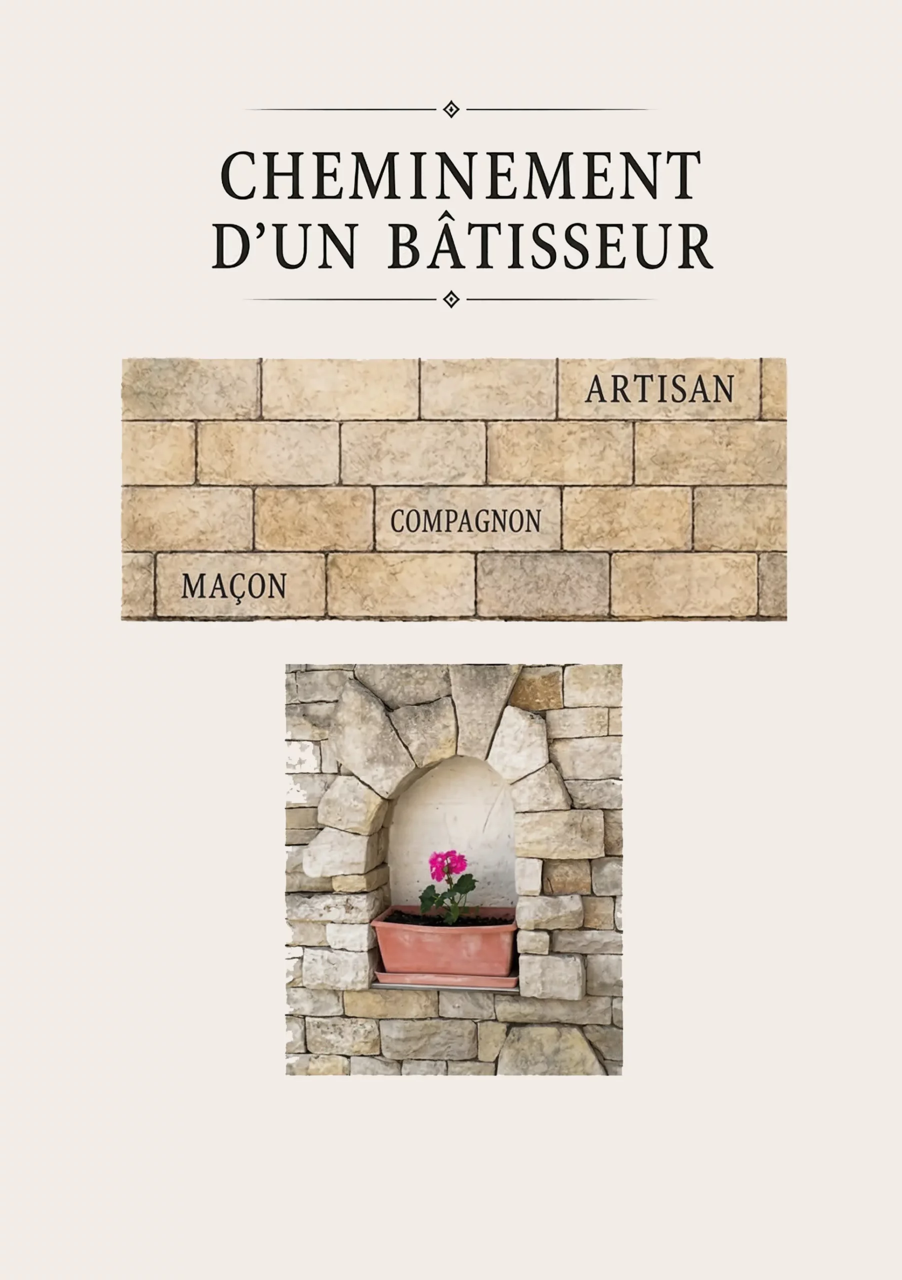 La couverture d'un livre en plusieurs parties. En haut: le titre: "Cheminement d'un bâtisseur". Au milieu: un pan de mur en briques ocres avec les mots: Maçon, Compagnon, Artisan. En bas: la photo d'une niche en pierres avec en son centre un pot contenant un géranium rose.