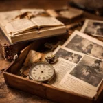 Photographies anciennes et montre à gousset réunies dans une boîte en bois pour préserver la mémoire familiale.