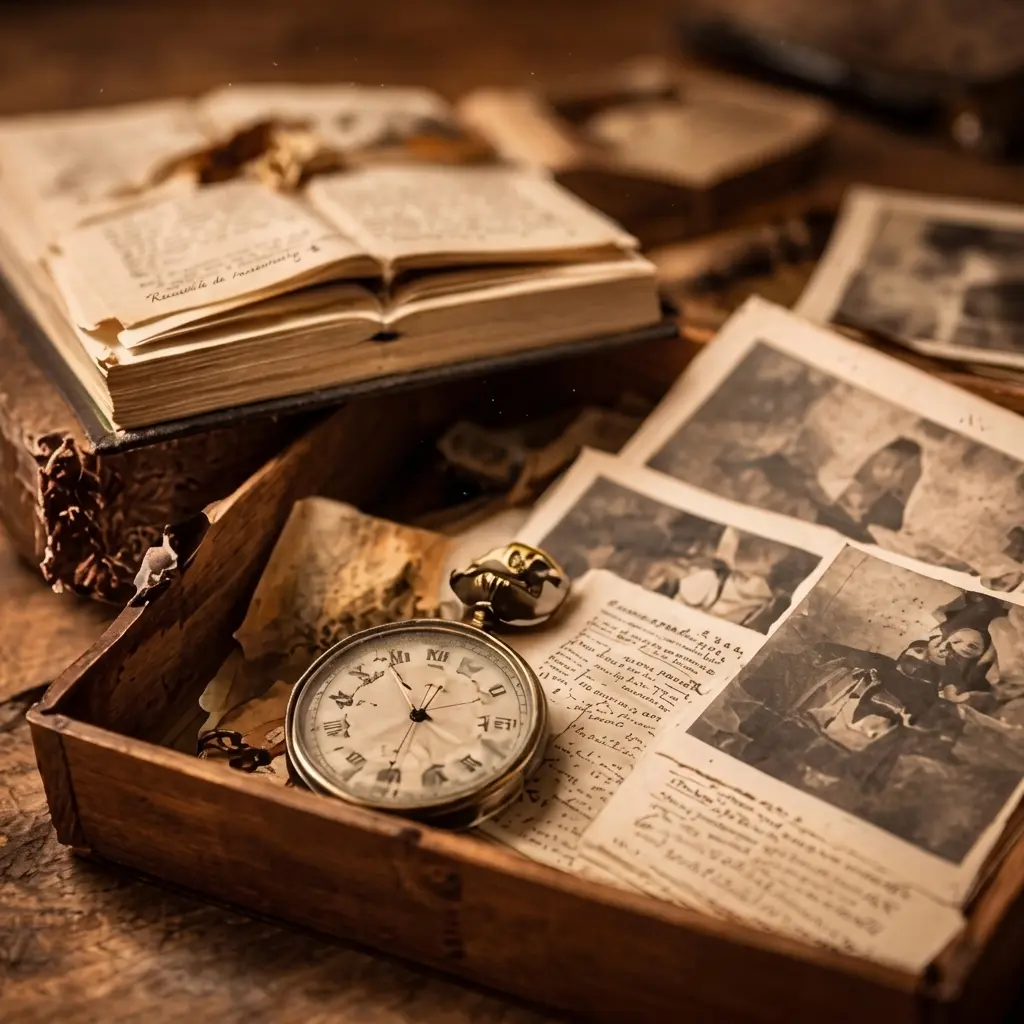 Photographies anciennes et montre à gousset réunies dans une boîte en bois pour préserver la mémoire familiale.