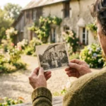 Personne observant une photographie ancienne pour retrouver un lieu de mémoire et raconter son histoire familiale.